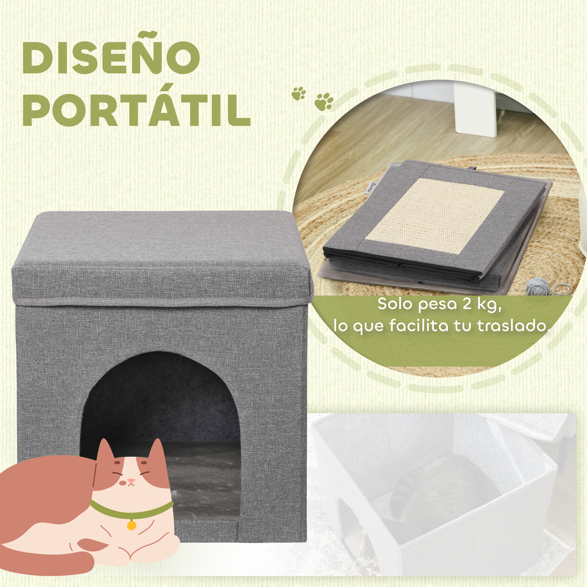 Casa para Gatos Cama para Gatos Casita para Gatos con Tablero de Rascar y Puerta para Interior 36,5x36,5x36,5 cm Gris