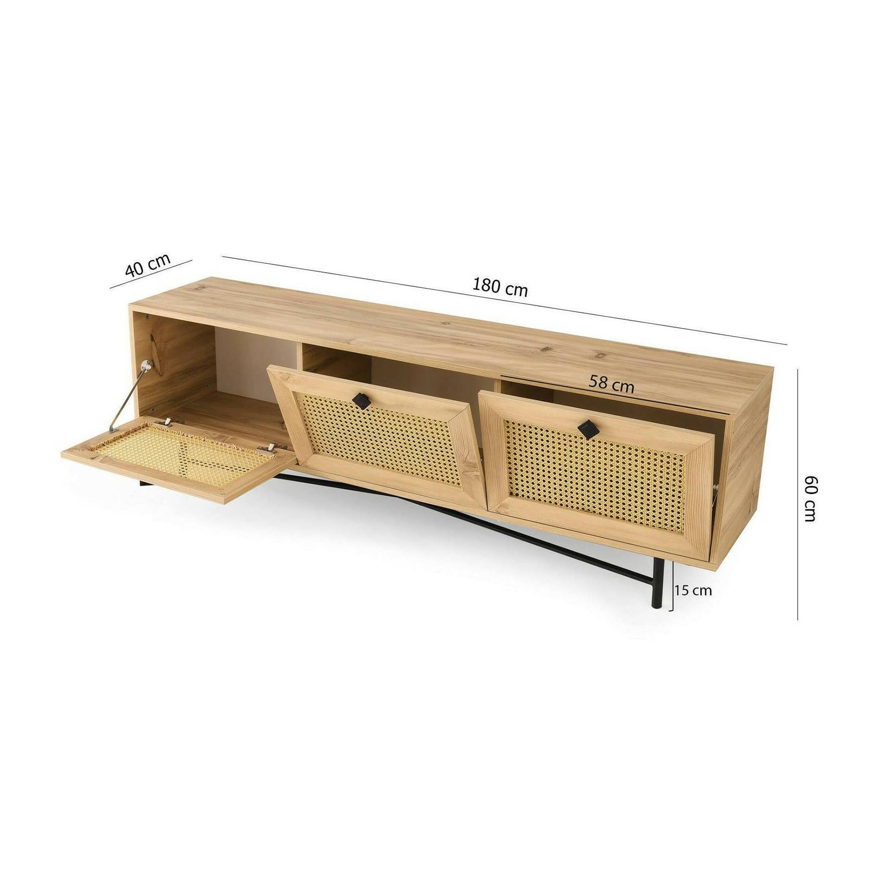 Mobile porta TV Dpasinat, Credenza da soggiorno, Armadio basso per TV, Base parete attrezzata, 180x40h60 cm, Quercia e Nero