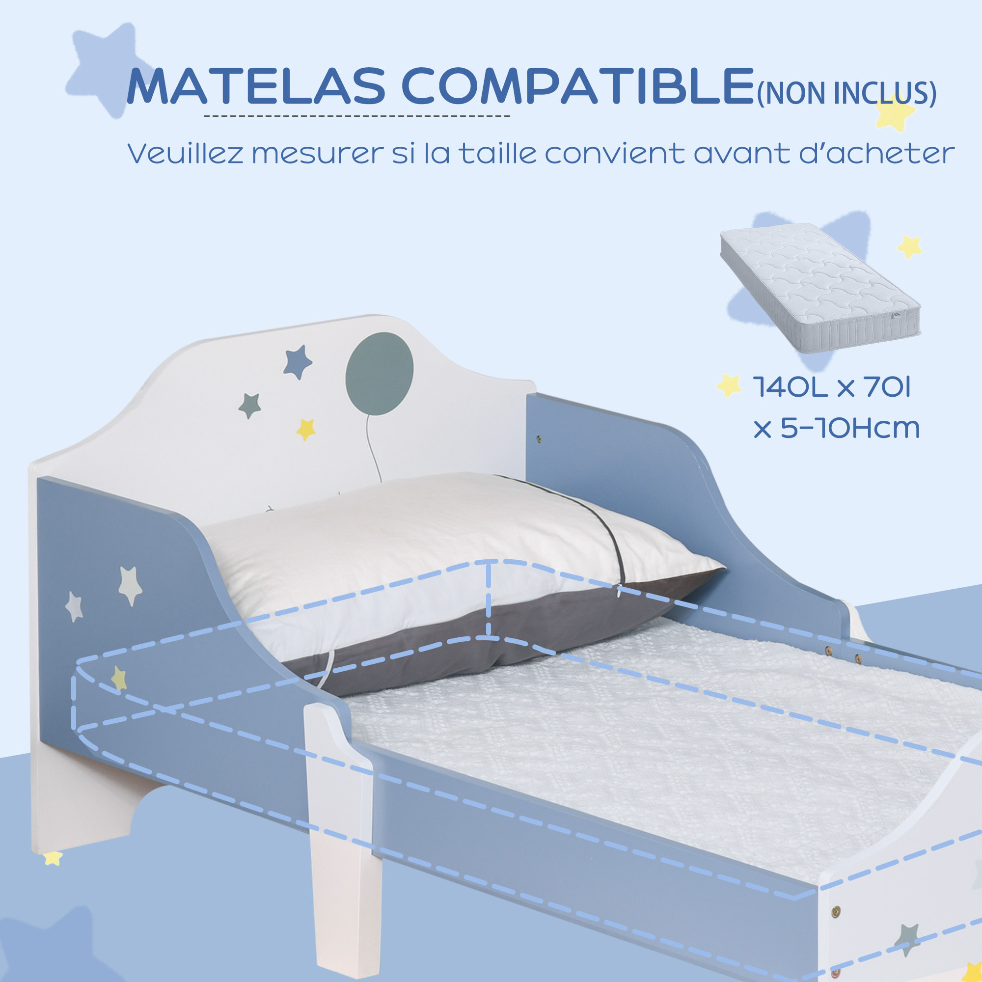 Lit enfant design étoiles - 3-6 ans - dim. 143L x 74l cm - sommier à lattes inclus - bleu blanc