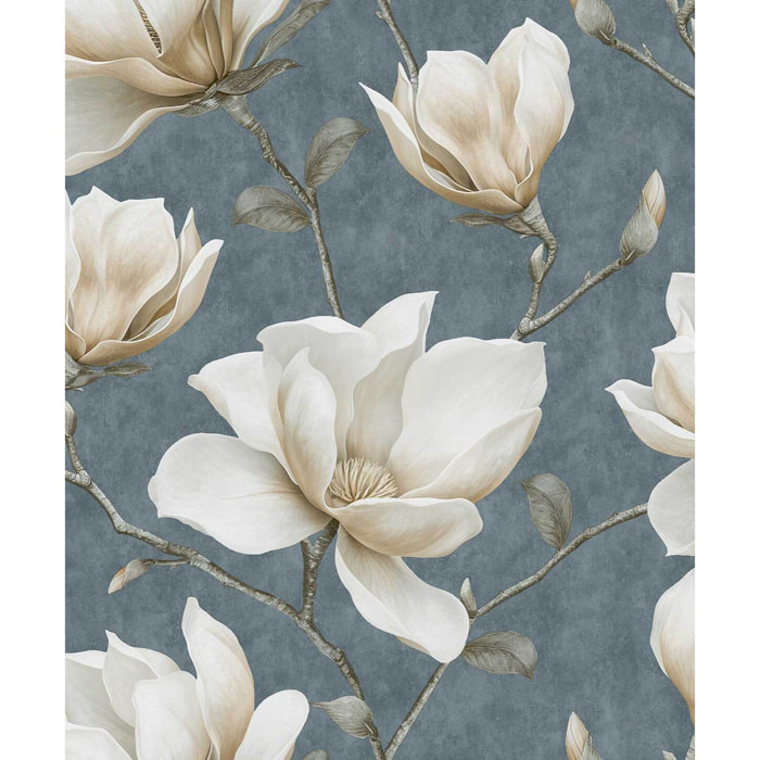Papier peint magnolia blanc crème fond bleu ardoise