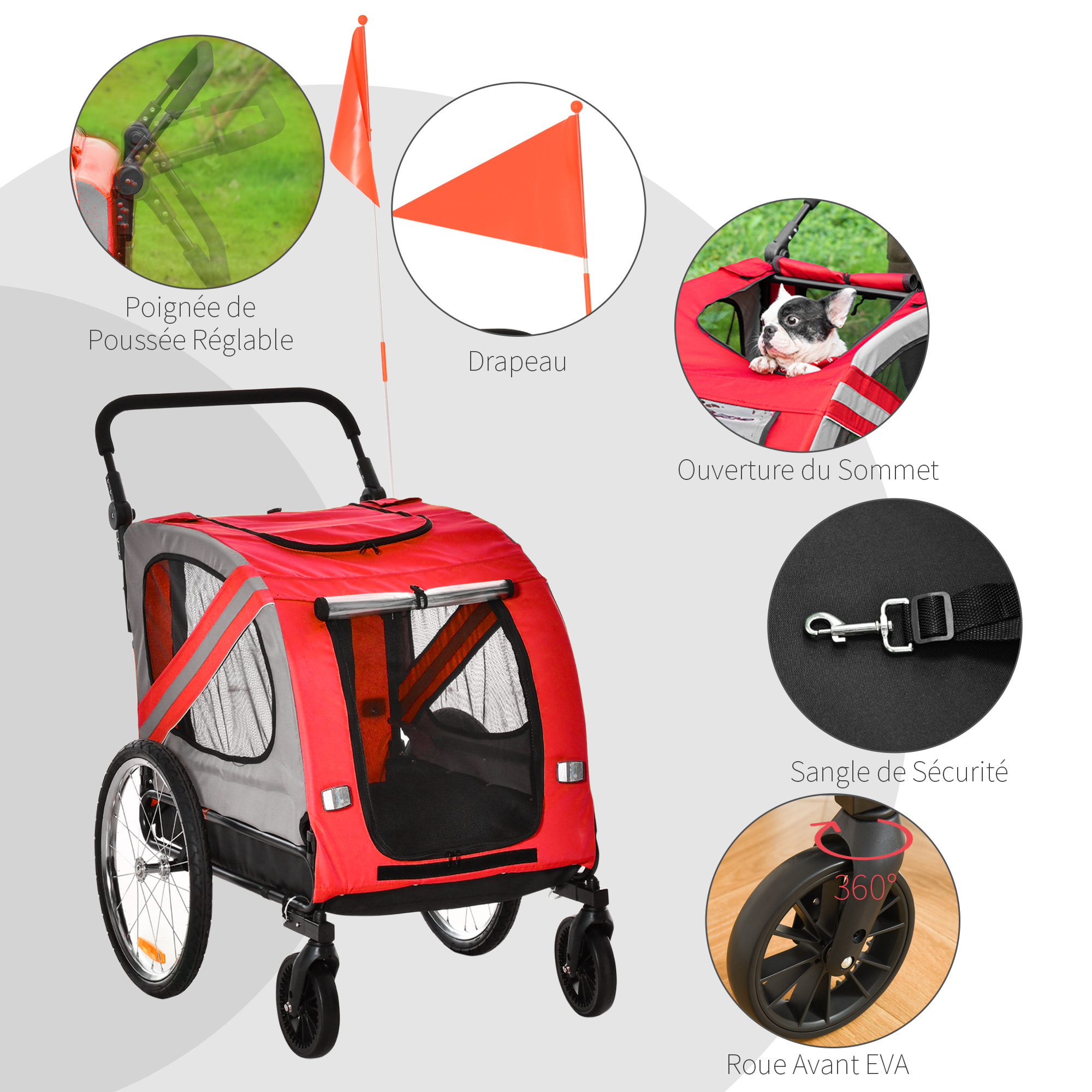 Remorque vélo jogger 2 en 1 pour animaux drapeau roue avant pivotante réflecteurs rouge gris