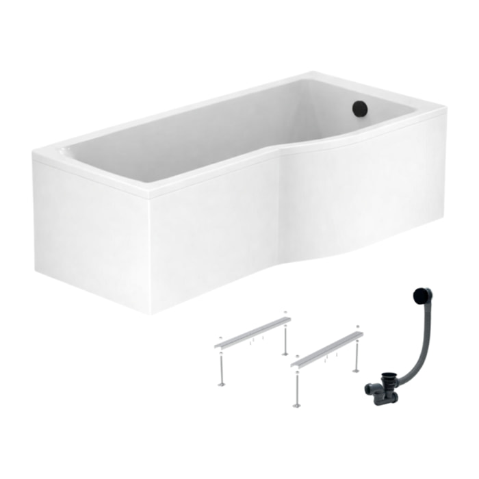 Baignoire bain douche 150 x 80 cm droite Connect Air + tablier + pieds + vidage Noir mat