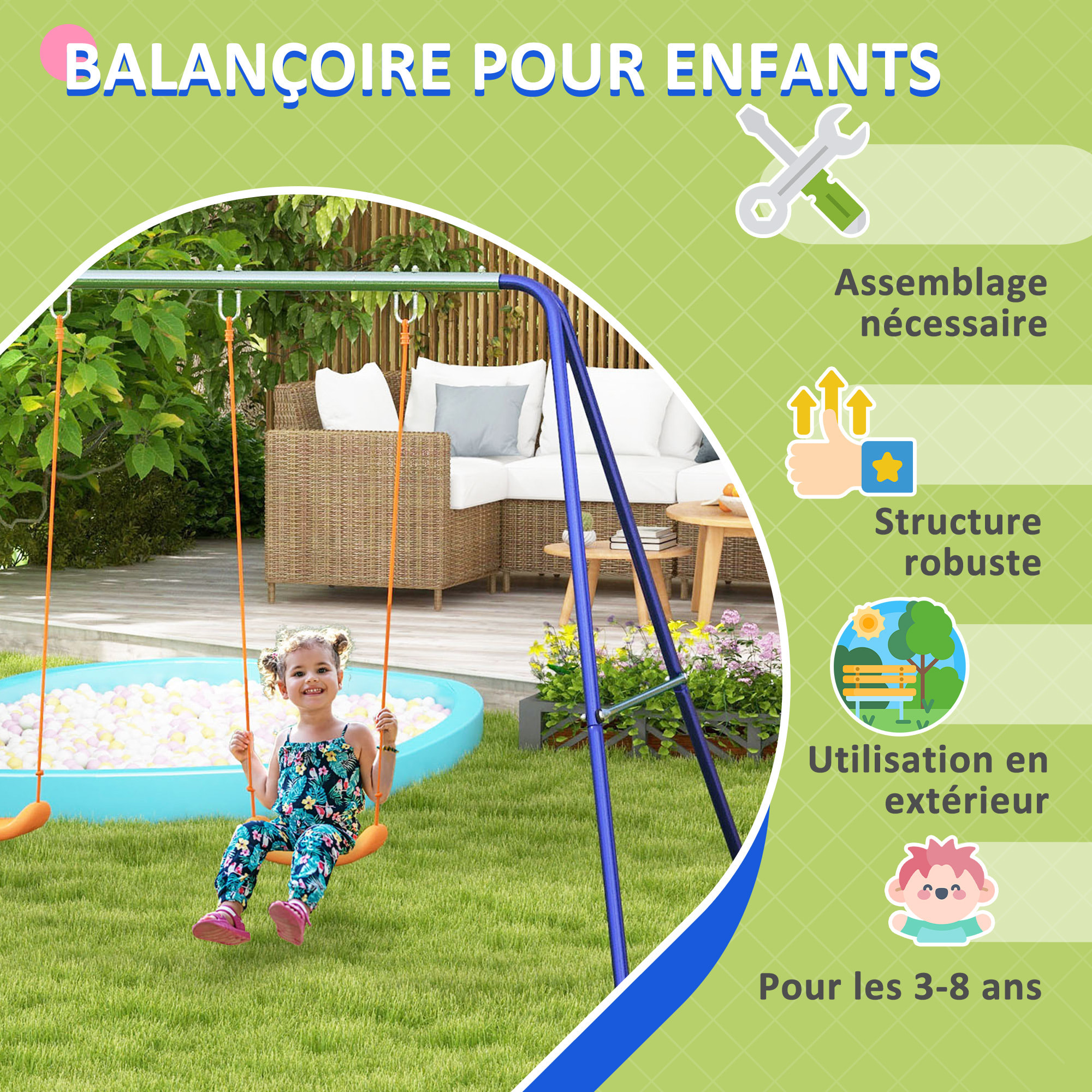 Balançoire 2 agrès portique avec 2 balançoires dim. 2,69L x 1,6l x 1,8H m métal époxy anticorrosion vert bleu PP orange