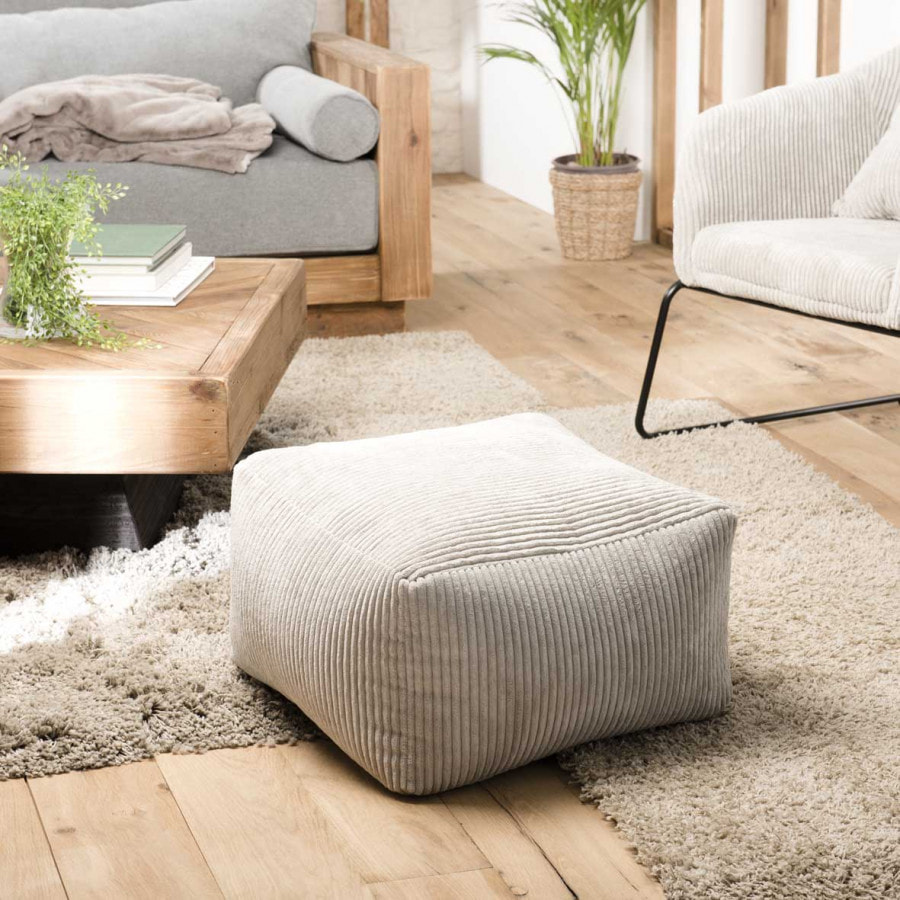 ALBANE - Pouf carré 57x57cm tissu velours côtelé gris perle