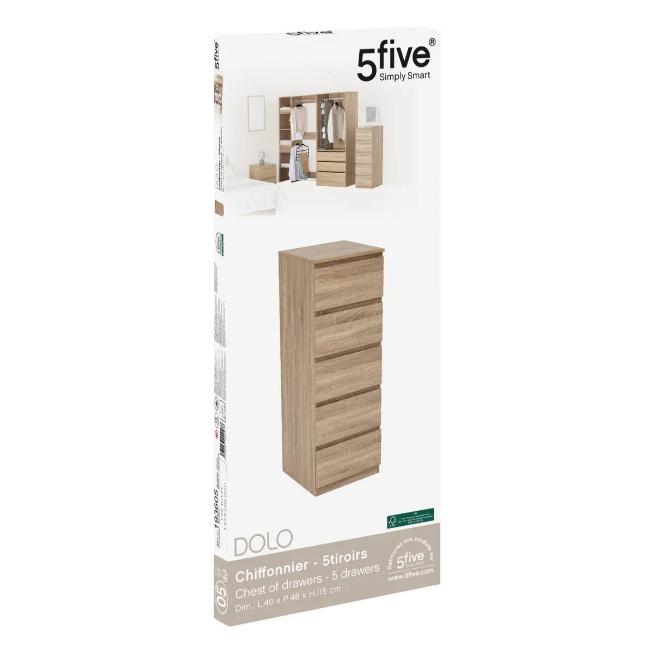 Chiffonier 5 tiroirs effet bois naturel
