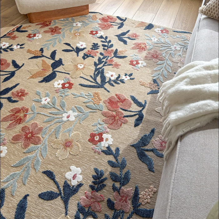 GARDEN - Tapis d'intérieur / extérieur à motif floral beige, rouge, blanc, bleu