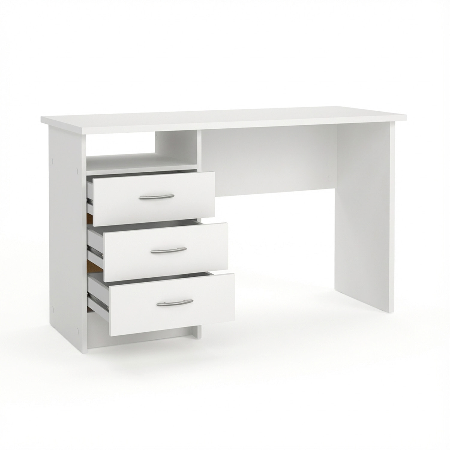 Scrivania Moderna Con 3 Cassetti E Vano a Giorno Desk Salvaspazio Per Home Office Studio E Cameretta Piano di Lavoro Ampio 120.1X48.1X72.6 Cm Bianco