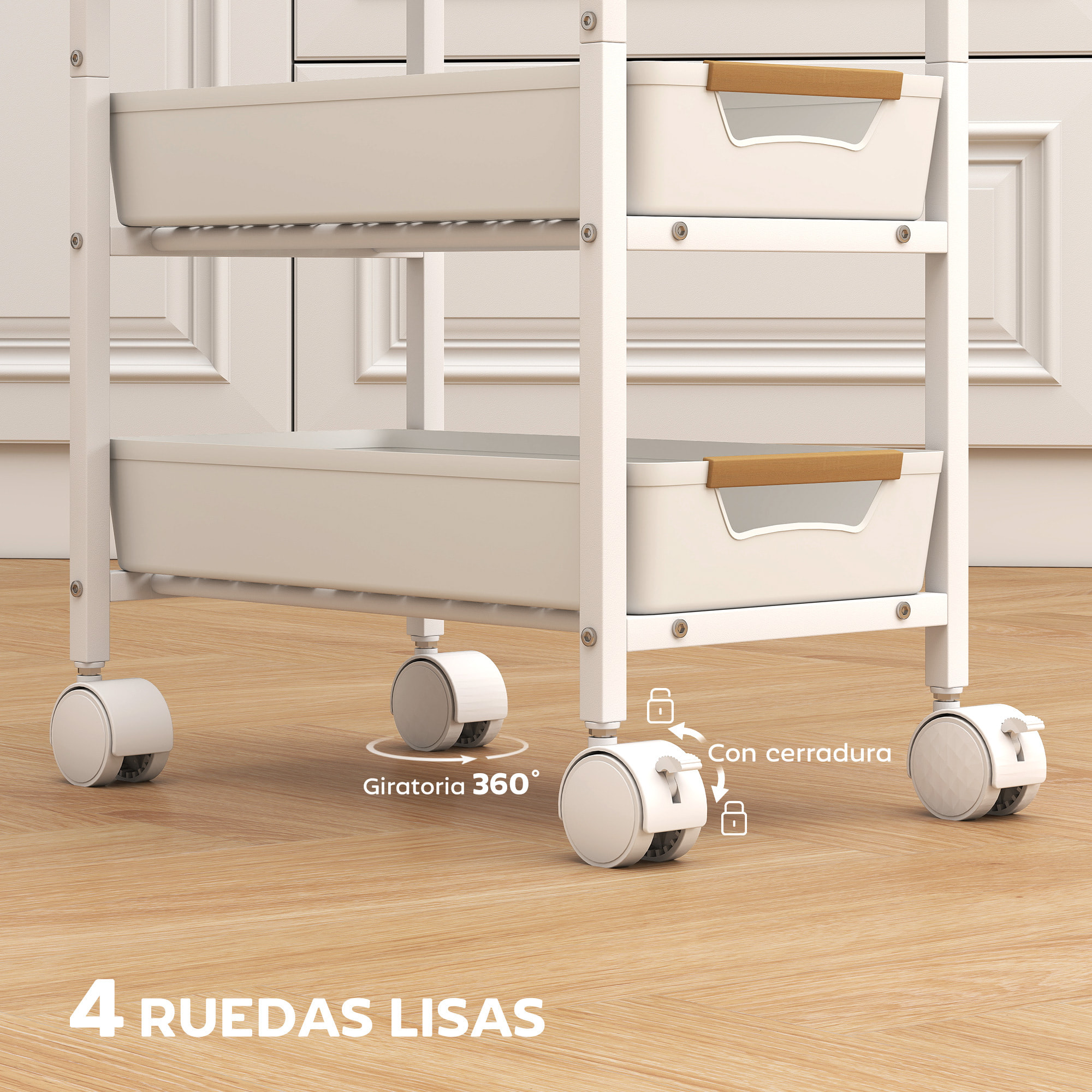 Carro de Cocina de Almacenamiento de 5 Niveles Carrito Auxiliar con Ruedas Tablero Efecto Madera y 4 Cajones Extraíbles Carrito de Cocina para Comedor Salón 39,5x24x82 cm Blanco