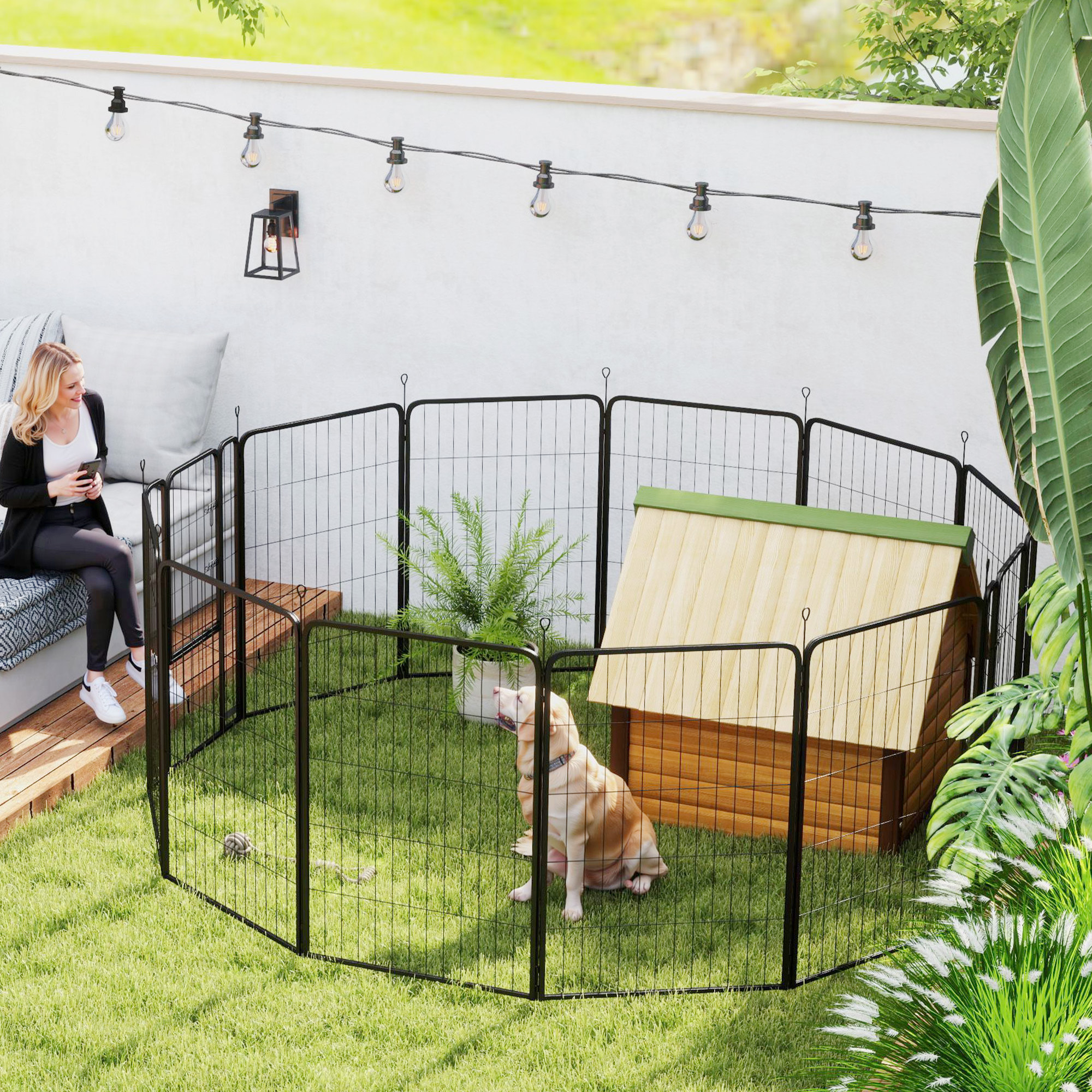 Parque para Perros de 12 Paneles de 100 cm de Altura, Vallas para Perros de Acero Resistente Plegable, con Puertas, para Interior y Exterior, Negro