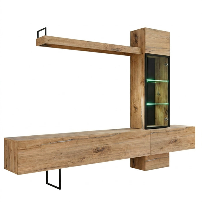 Parete Attrezzata Soggiorno Mobile Tv Colonna Vetrina Led Mensola Moderno Living Arredo Casa Contenitore Resistente Salvaspazio 240x 170x 40 Cm Rovere