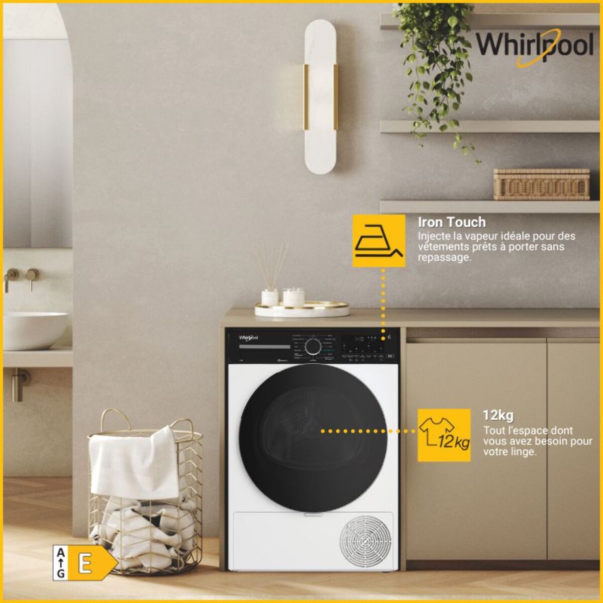 Sèche linge pompe à chaleur WHIRLPOOL CWD122MWBSFR 12kg - Capacité géante XXL & Anti-froissage