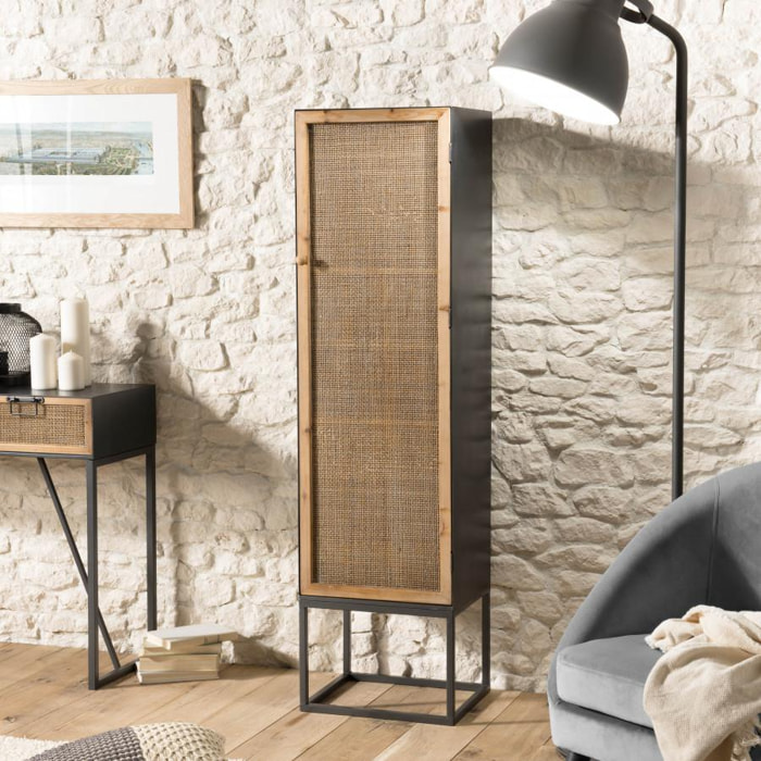 DORIANE - Armoire noire métal 1 porte 2 étagères cannage naturel