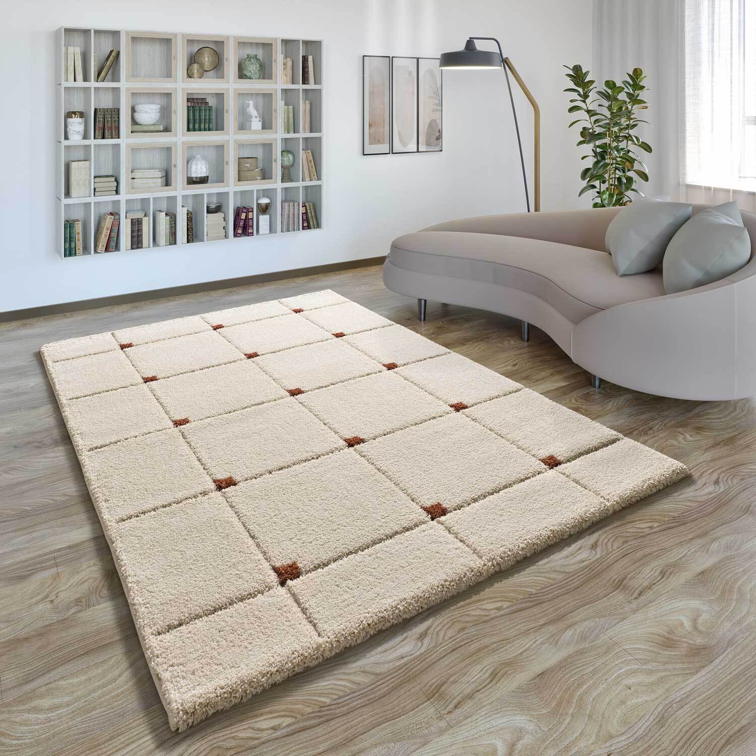 BRENDA Alfombra shaggy geométrica con relieve blanco y motivos caldera, varias medidas disponibles
