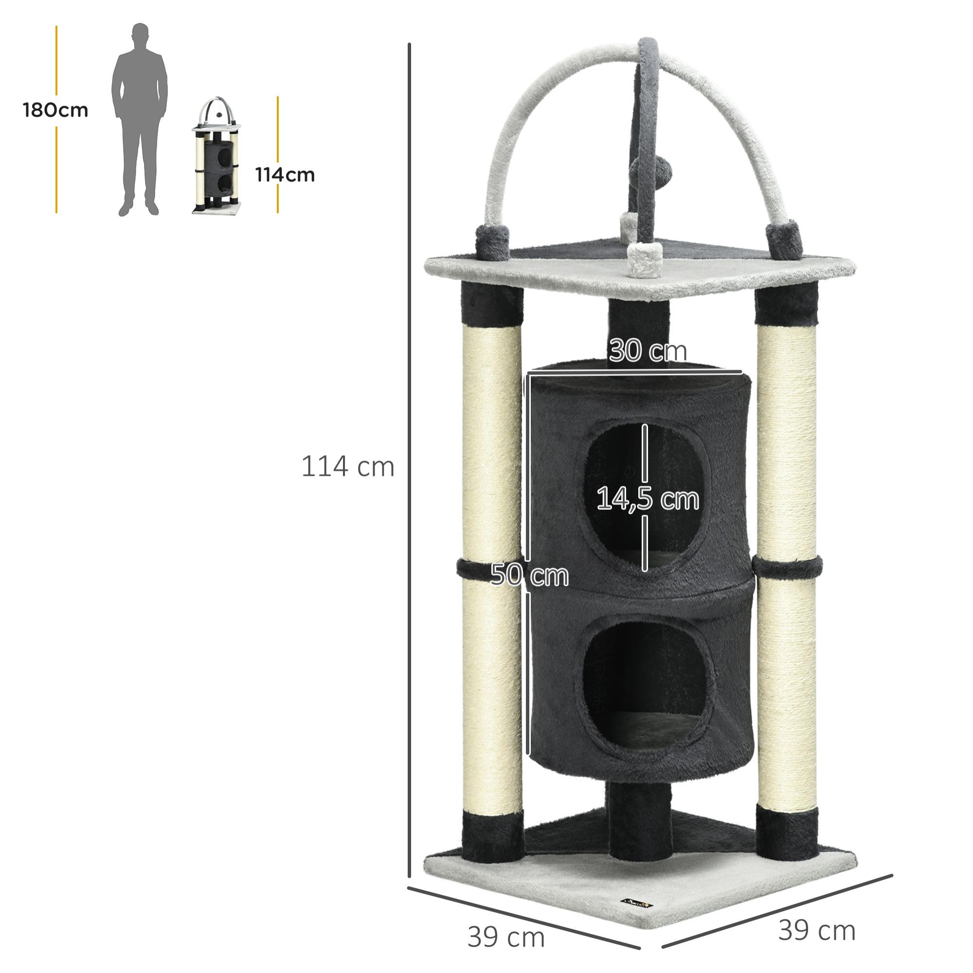 Árbol para Gatos Altura 114 cm Barril Rascador para Gatos de 2 Niveles con Plataforma Postes de Yute y Bola Colgante 39x39x114 cm Gris