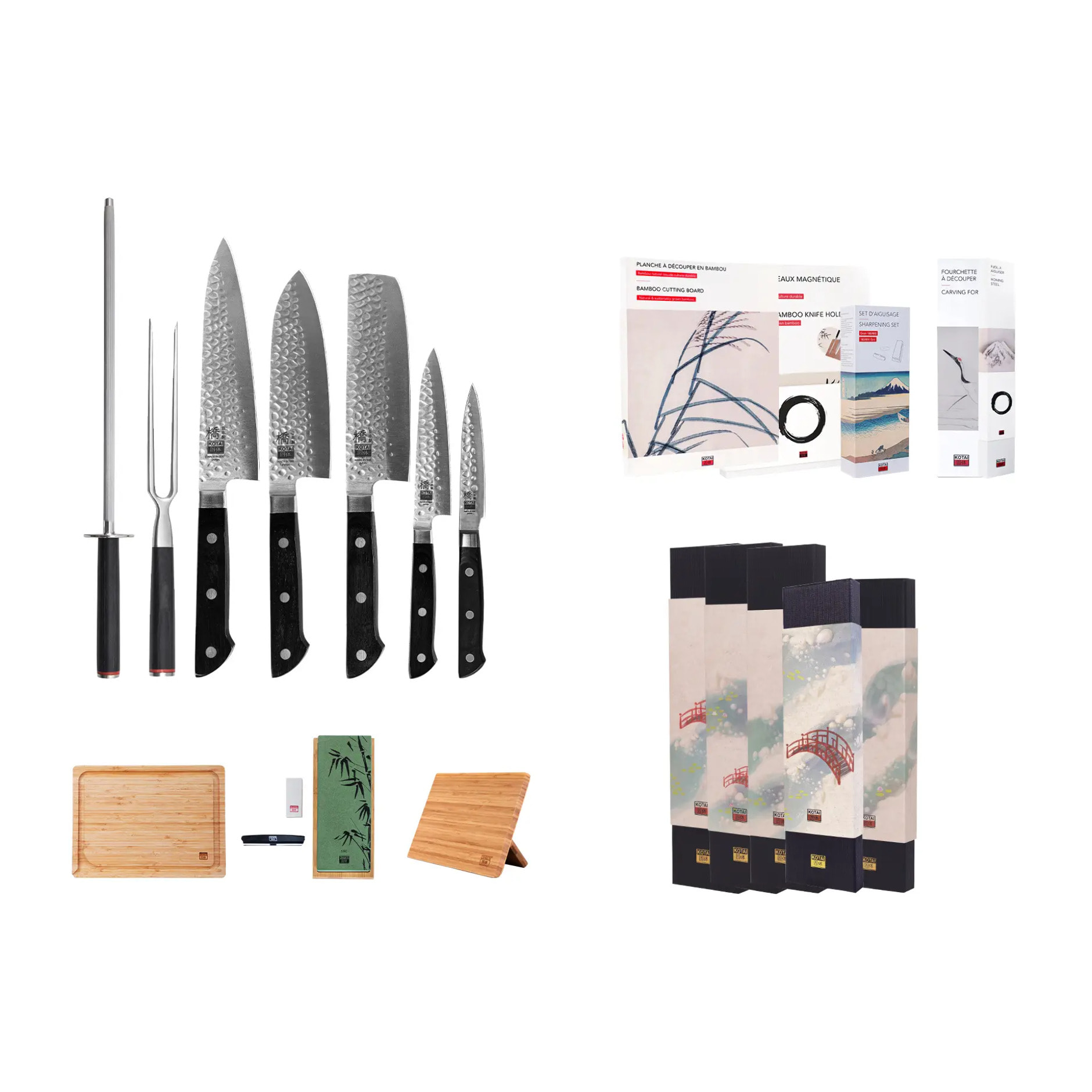 Le Set Hashi Tsuchime Deluxe 10 Pièces Complet : 5 couteaux (office + petty + nakiri + santoku + gyuto) + porte-couteau magnétique en bambou + planche à découper en bambou + set d'aiguisage à grain 180/800 + acier à aiguiser + fourchette à découper