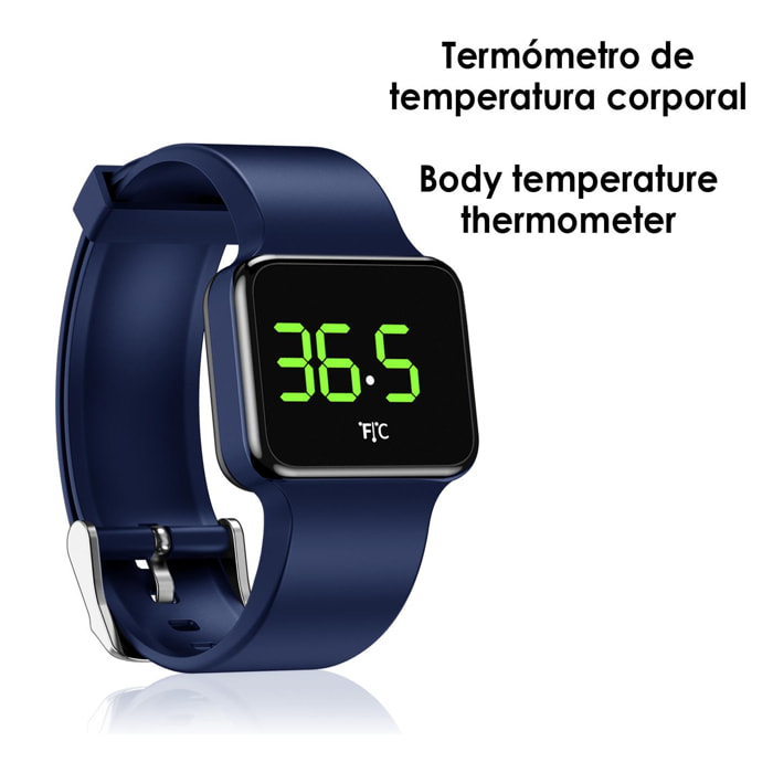 Brazalete inteligente PWCT especial medición de temperatura. Con hora, fecha, 8 alarmas y cuenta atrás.