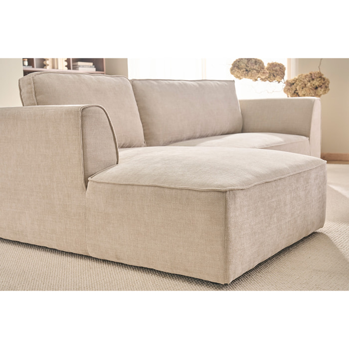 Canapé d'angle gauche design en tissu effet velours texturé beige 3 places GRAMMY