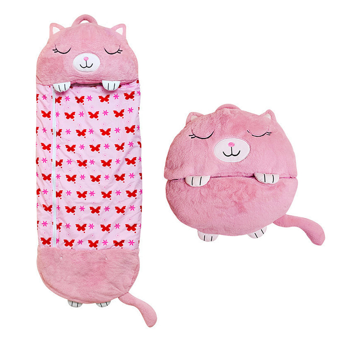 Saco de dormir convertible en almohada, para niños, Gatito. Tacto peluche. Grande /L: 170x70cm.