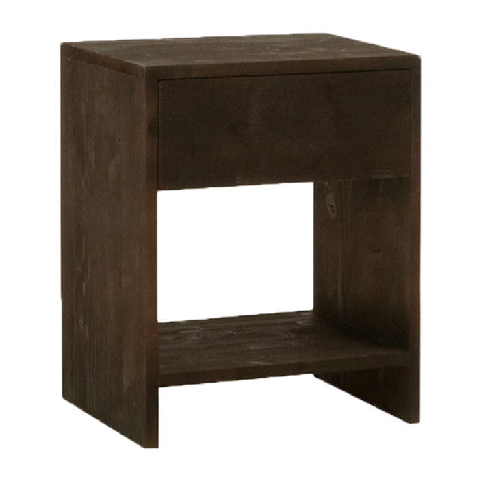 Mesita de noche de madera maciza con un cajón en tono nogal de 50x40cm Alto: 50 Largo: 40 Ancho: 29.5