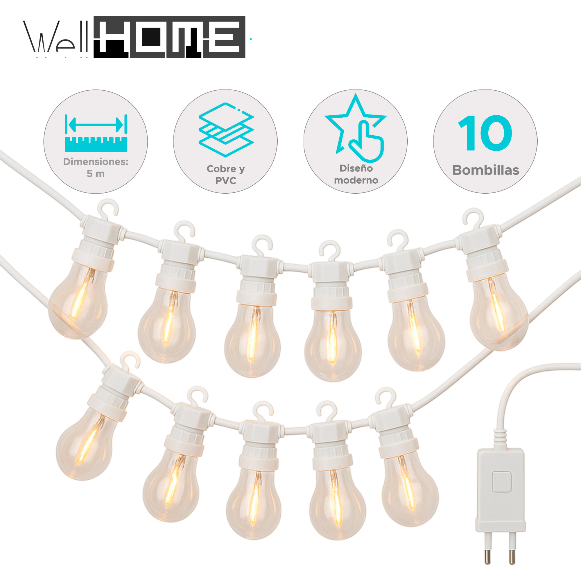 Guirnalda de luces led con 10 bombillas blancas cálidas y temporizador - cable blanco de 5m incluido