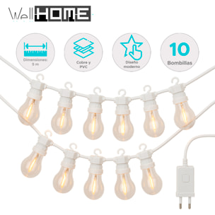 Guirnalda de luces led con 10 bombillas blancas cálidas y temporizador - cable blanco de 5m incluido