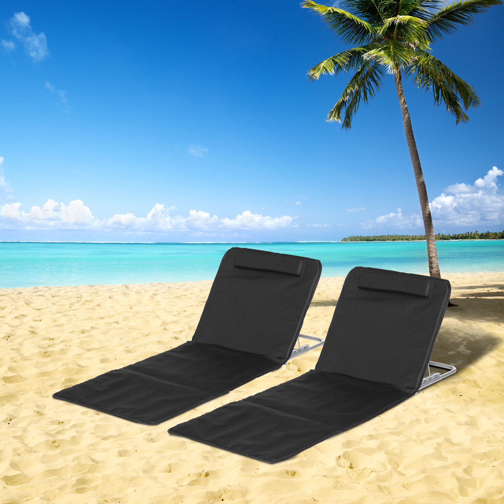 Conjunto de 2 Esterillas de Playa Plegable Esterillas con Respaldo Reclinable en 5 Niveles Reposacabezas y Bolsa de Transporte 134x48x33-43 cm Negro