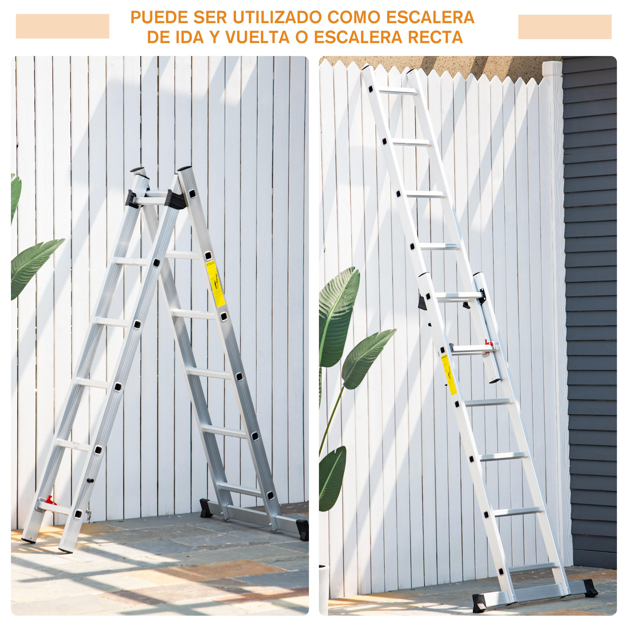 Escalera Aluminio con Estructura Triangular de Tijera Plegable Portátil 2 Formas de Uso Pie Antideslizante Articulación Rail Máx. 150kg Altura 160-249cm Plata