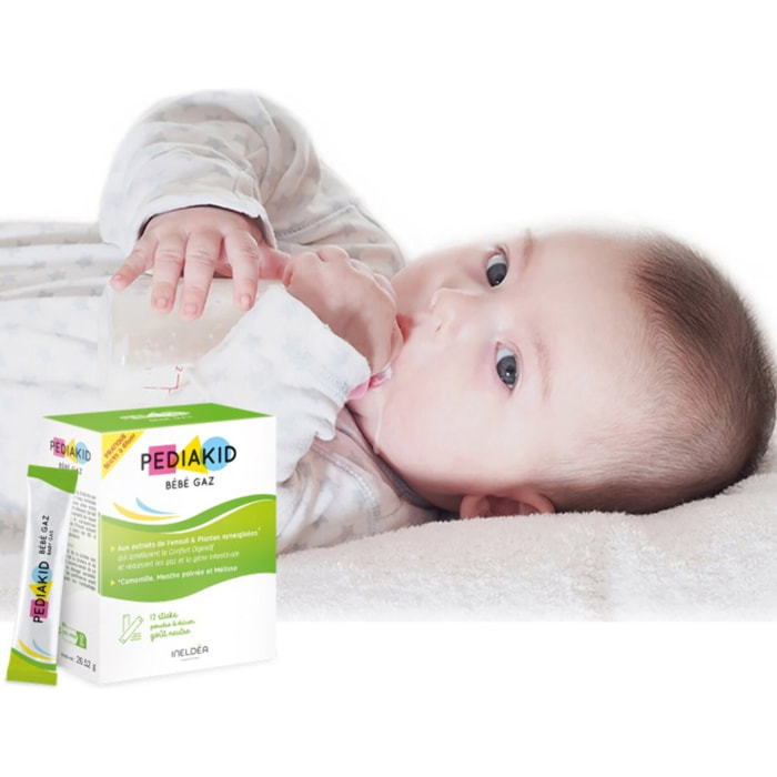 PEDIAKID - Bébé Gaz - Aux extraits de plantes & fibres - Aide à réduire les gaz et à améliorer le confort digestif - Dès la naissance - Étui de 12 sticks de Poudre à Diluer