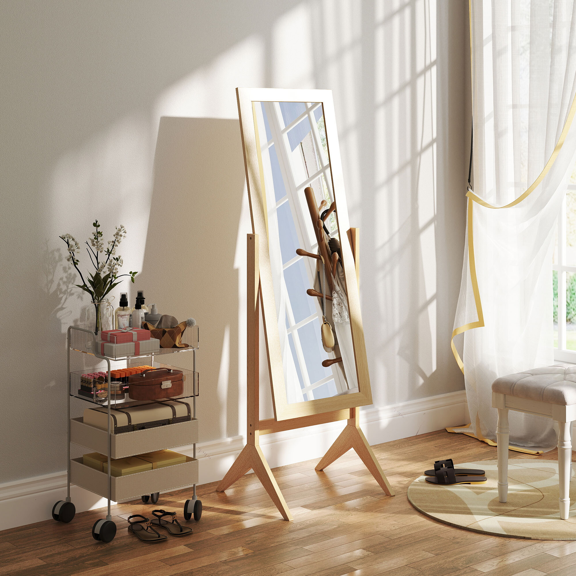 Espejo de Pie Cuerpo Entero Reclinable 47x46x148 cm, Espejo de Cuerpo Entero Independiente con Soporte y Marco rectangular, Para Dormitorio, Salón, Roble