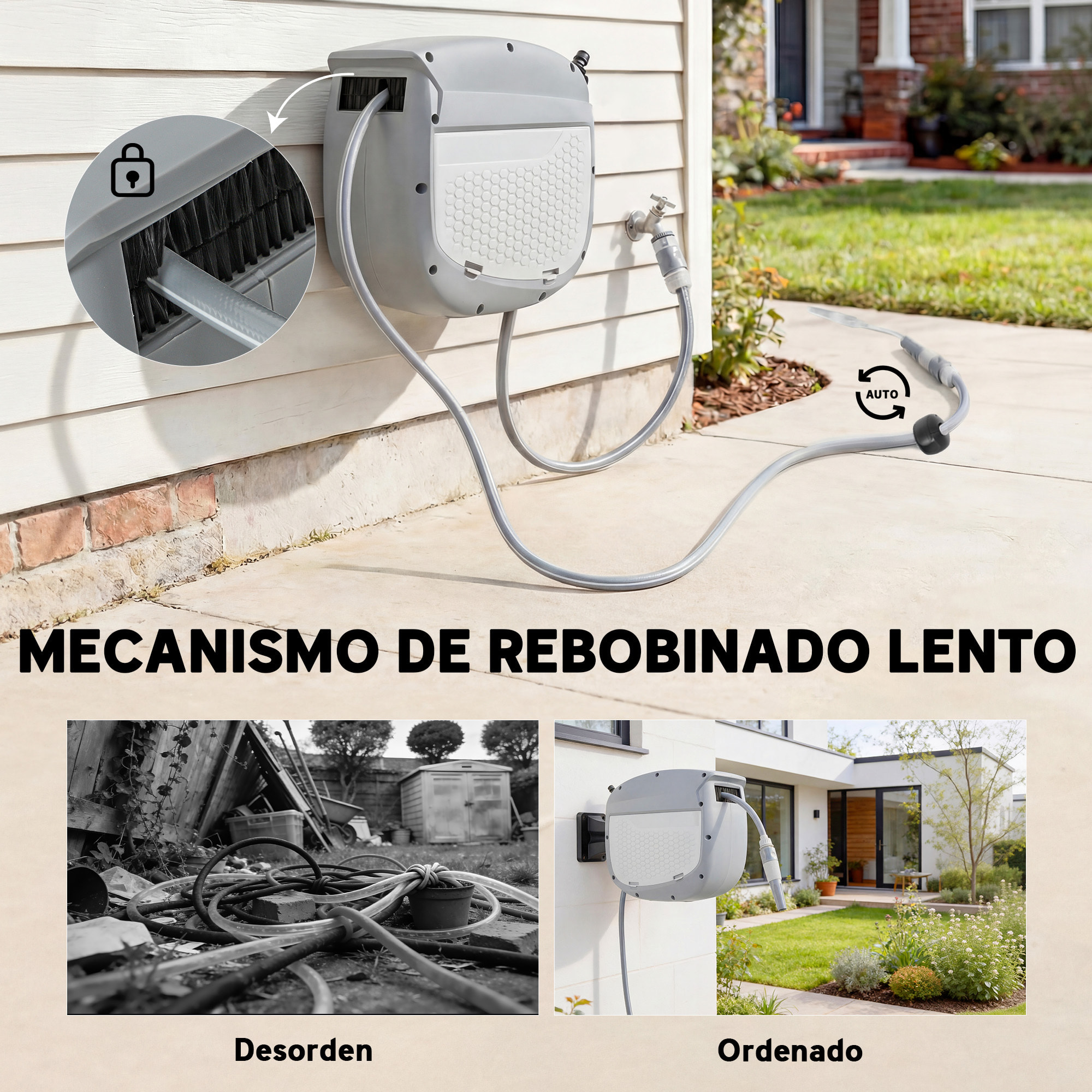Enrollador de Manguera para Jardín 10+1 m con Boquilla de 2 Modos, Carrete de Manguera de Jardín de Pared con Bloqueo Automático y Retracción Controlada, Soporte Orientable 180°, Gris