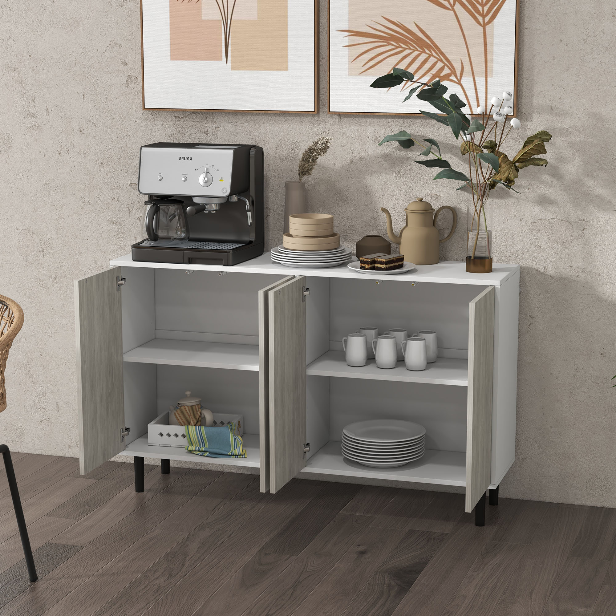 Buffet design 2 portes coulissantes 3 étagères - dim. 150L x 40l x 72H cm - blanc aspect bois clair