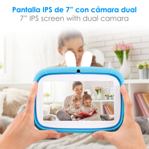 DAM Tablet Infantil A133 WiFi. SO Android 11. Pantalla 7'' 1024x600px. Quad-core ARM Cortex™ A53. 2GB RAM + 32GB. Doble cámara. 20x2x18,5 Cm. Color: Azul