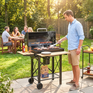 Barbecue smocker mobile acier bois 2 tablettes rabattables étagère noir