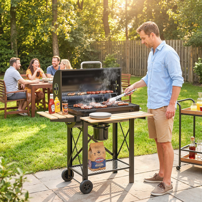 Barbecue smocker mobile acier bois 2 tablettes rabattables étagère noir