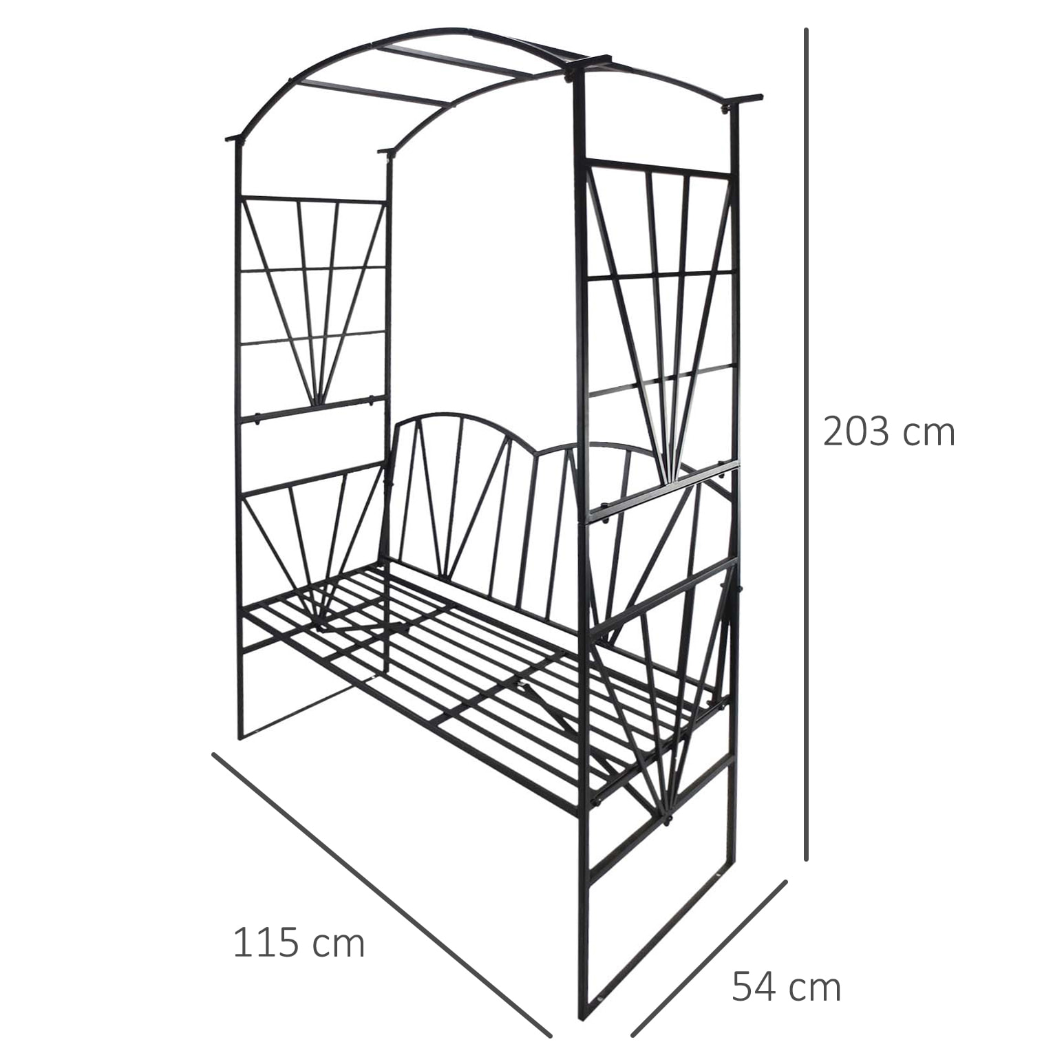 Arche de jardin avec banc 2 places dim. 115L x 54l x 203H cm métal thermolaqué noir