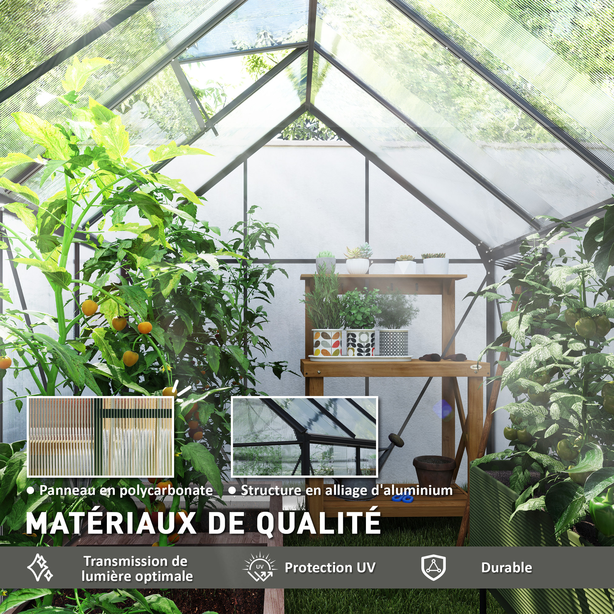 Serre de jardin polycarbonate alu 4,8 m² dim. 2,53L x 1,9l x 1,99H m lucarne réglable fondation porte coulissante gris