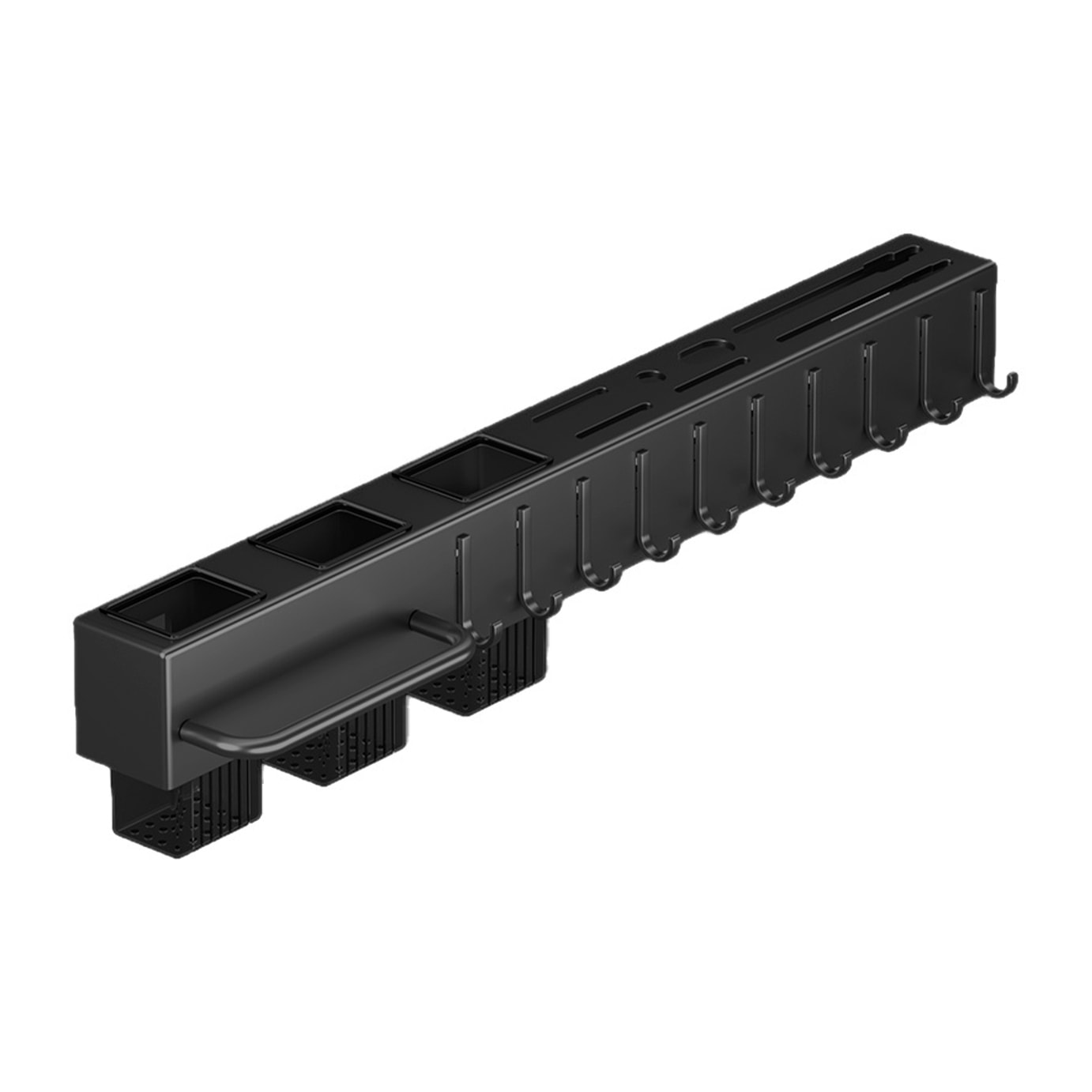 Soporte metálico multifuncional para pared con montaje mediante pegamento o tornillos. Organiza utensilios de cocina de forma práctica, con múltiples compartimentos, ganchos y ranuras para cuchillos.