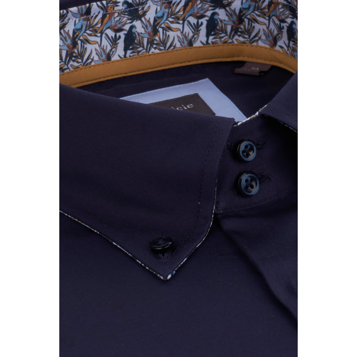 Camicia Uomo 2 Bottoni Button Down Slim Satin Unito Blu