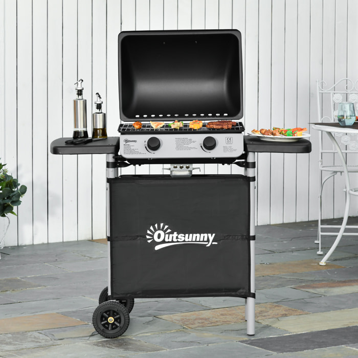 Barbacoa de Gas con 2 Quemadores 5,6 KW BBQ de Gas con 2 Ruedas 2 Mesas Laterales y Parrillas de Acero para Picnic Camping 104x49x99 cm Negro