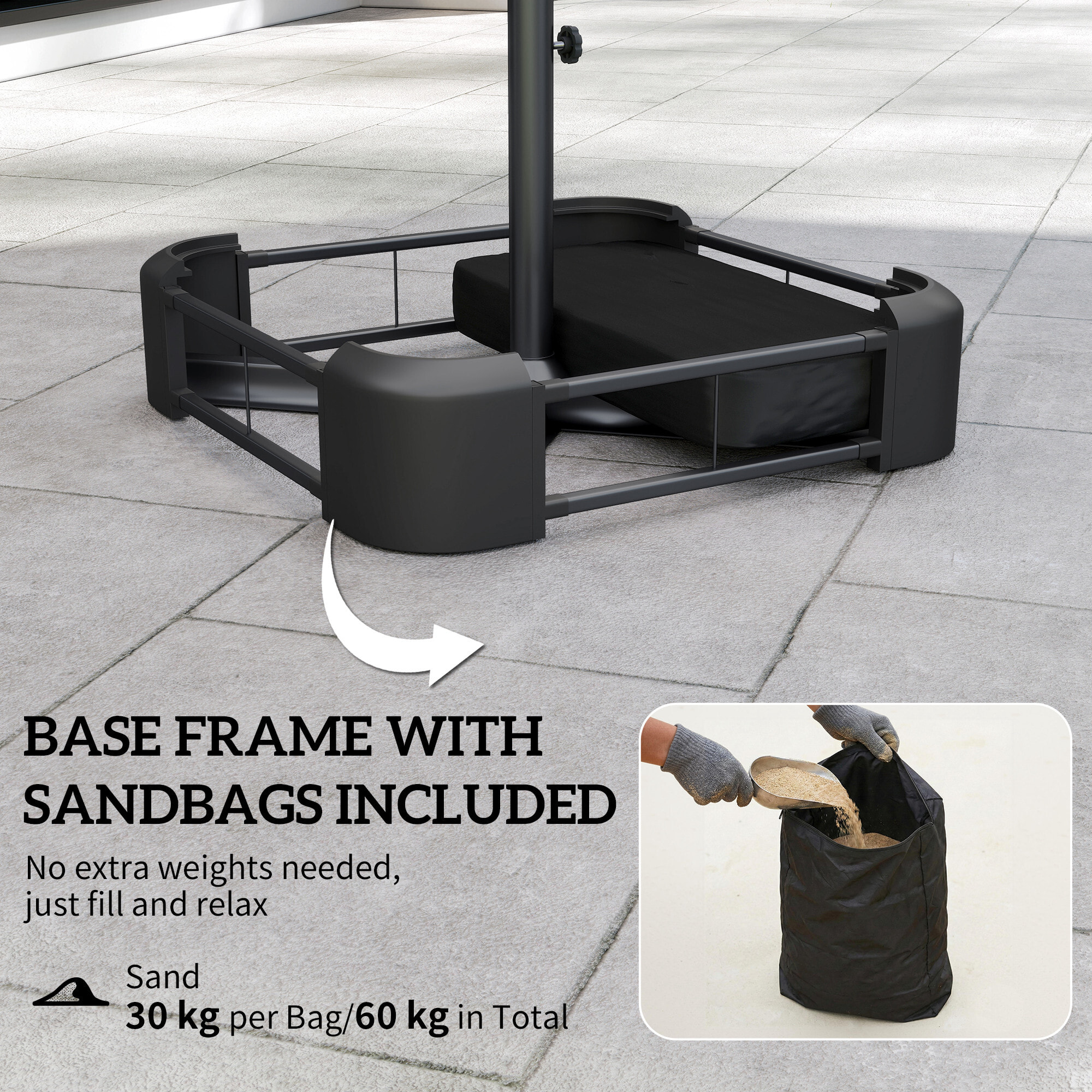 Parasol de jardin XXL dim. 295 x 148 cm base de lestage + 2 sacs inclus beige