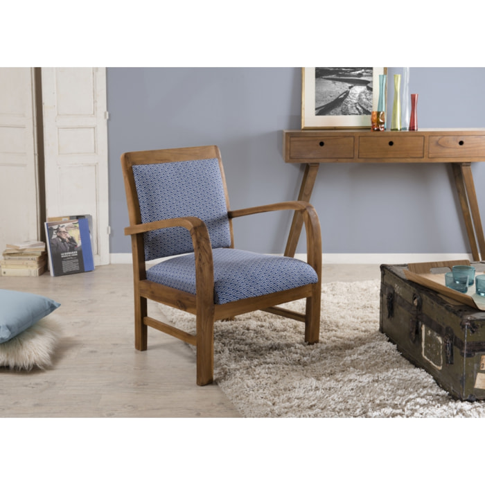 ERIS - Fauteuil bois teck tissu bleu scandi