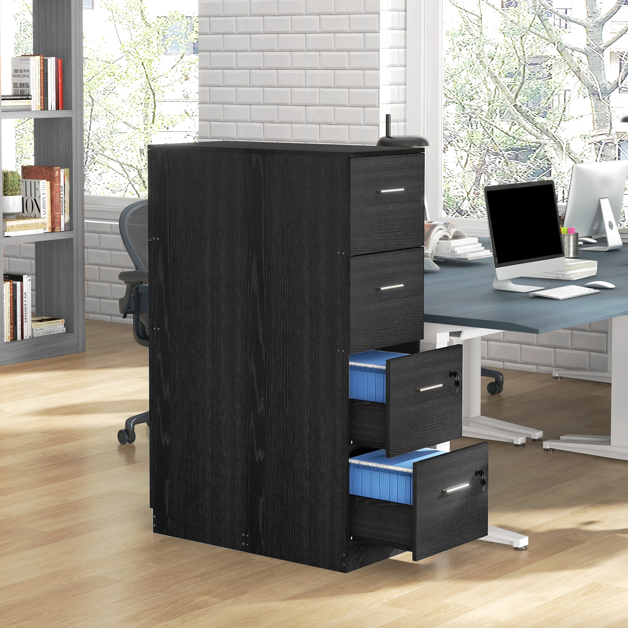 Cajonera Escritorio con 4 Cajones, Cajonera de Oficina con Cerraduras, Barras Ajustables para Archivos Tamaño A4 y Carta, Archivador para Estudio, Salón, 40x42x130,8 cm, Negro