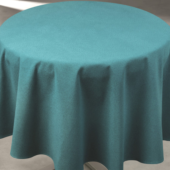 Nappe déperlante anti-taches  - Effet lin pour table ronde - Bleu Paon