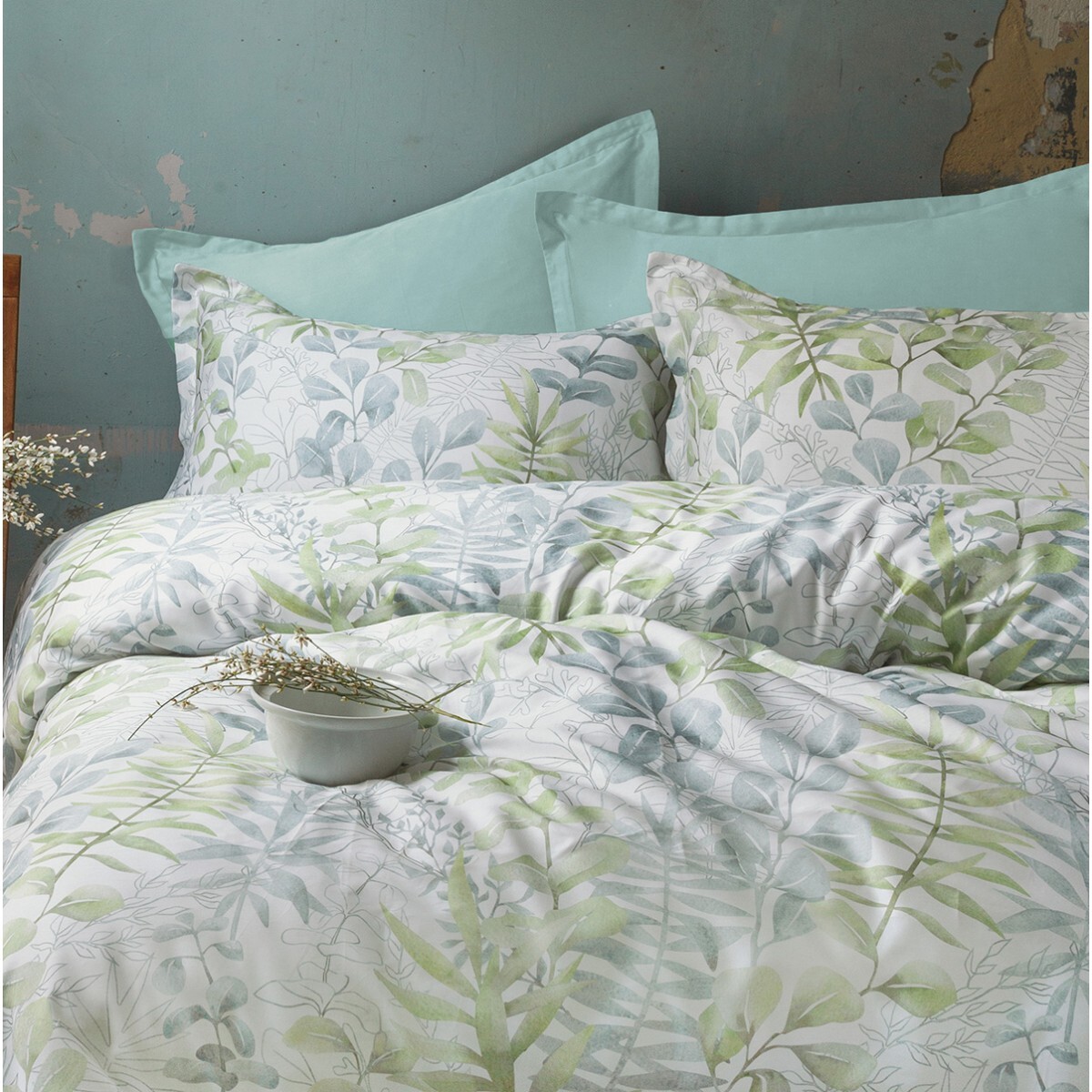 Housse de couette + taie(s) oreiller satin de coton "Occale green"