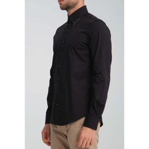 Camicia Uomo 2 Bottoni Button Down Slim Popeline Stretch Unito Nero