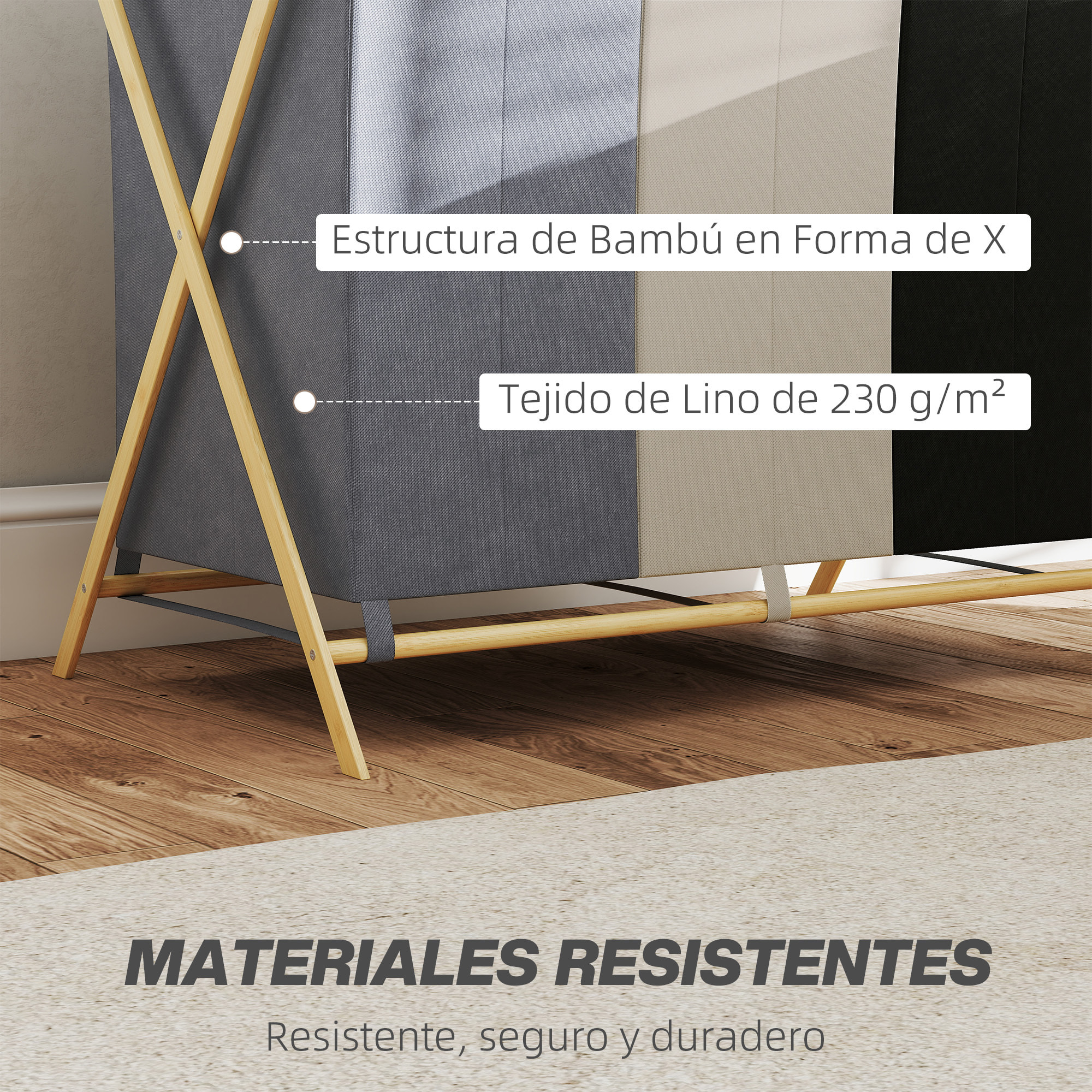 Cesto para Ropa Sucia Plegable con 3 Compartimentos Capacidad de 129L Cesta para la Colada con Estructura Forma de X de Bambú y Bolsas Extraíbles 75x48x67 cm Multicolor