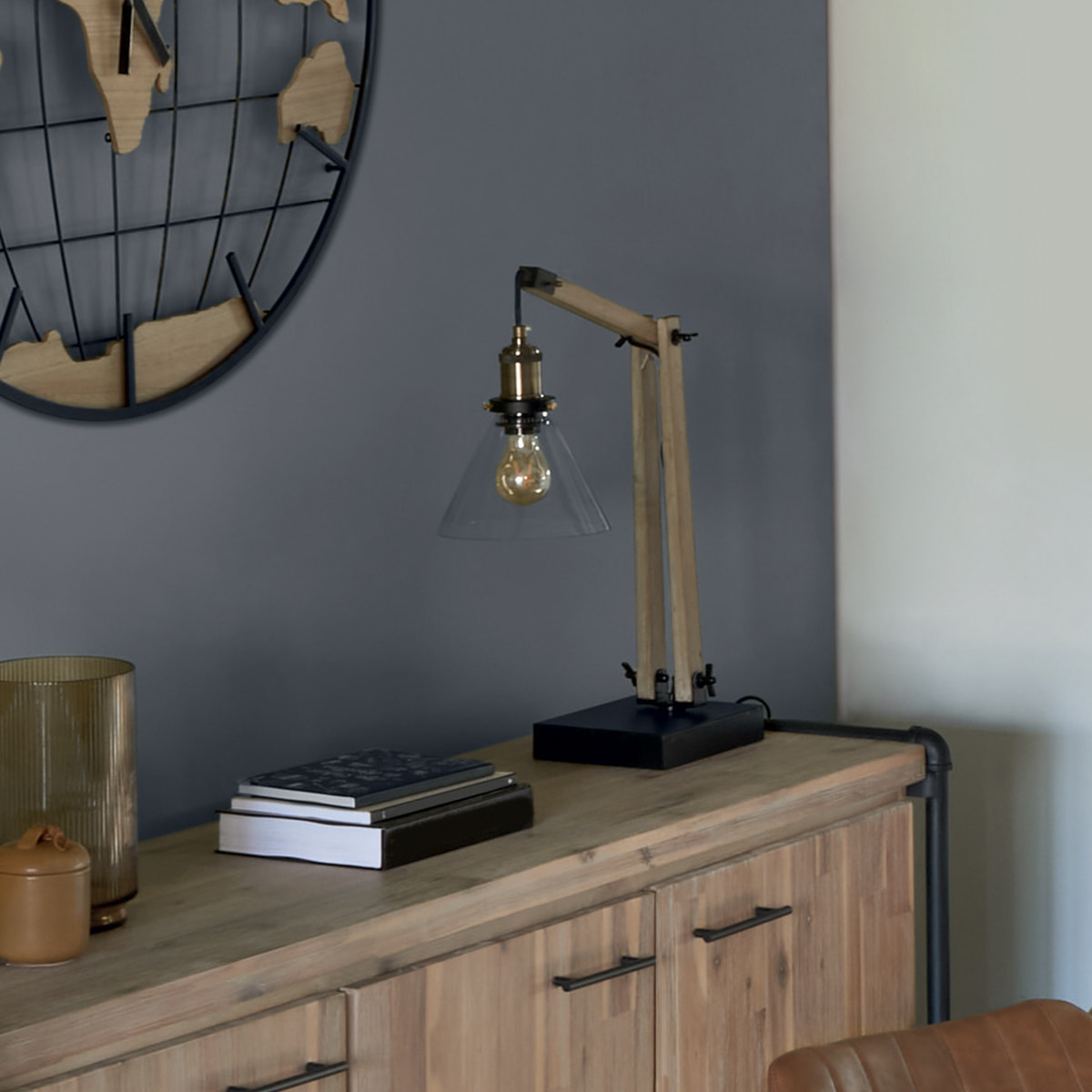 Lampe "Alak" - métal - bois & verre H59 cm