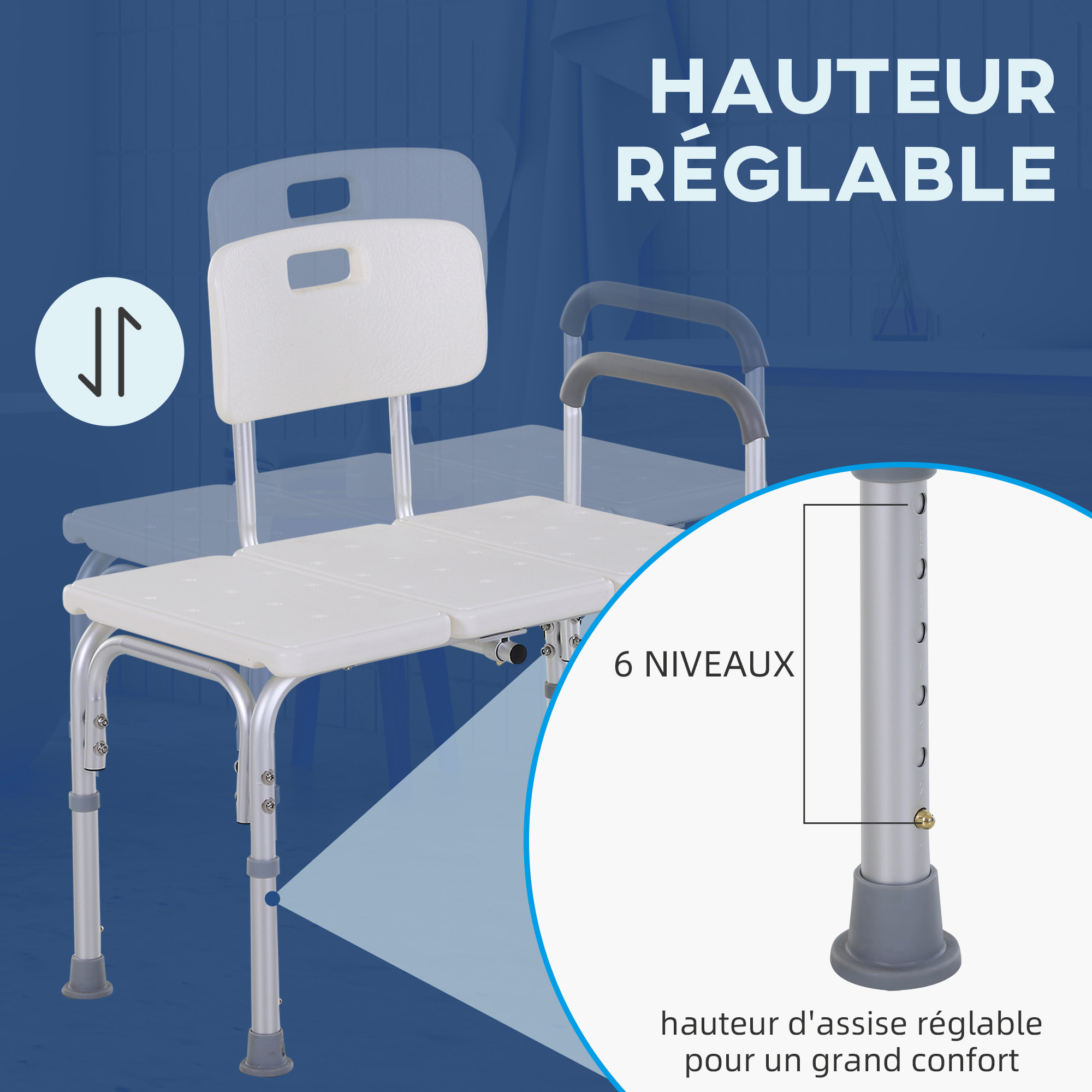 Chaise de douche siège de douche ergonomique hauteur réglable pieds antidérapants charge max. 136 Kg alu. HDPE blanc