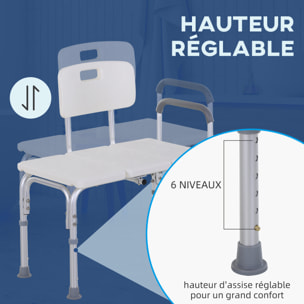 Chaise de douche siège de douche ergonomique hauteur réglable pieds antidérapants charge max. 136 Kg alu. HDPE blanc