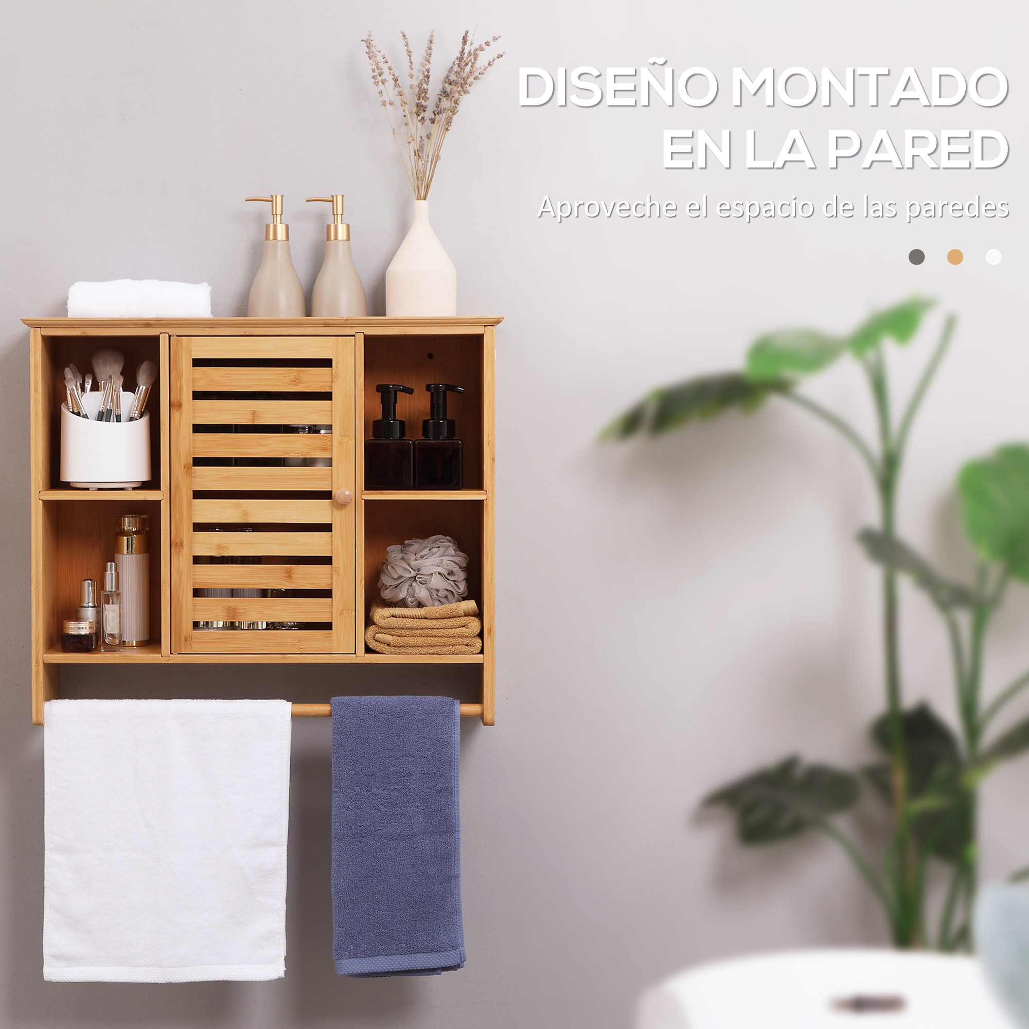 kleankin Armario de Pared de Bambú Mueble Colgante de Baño con Puerta Magnético 4 Compartimientos de Almacenaje y Barra para Colgar para Cocina Dormitorio Ducha 65x17,8x54,6 cm Natural